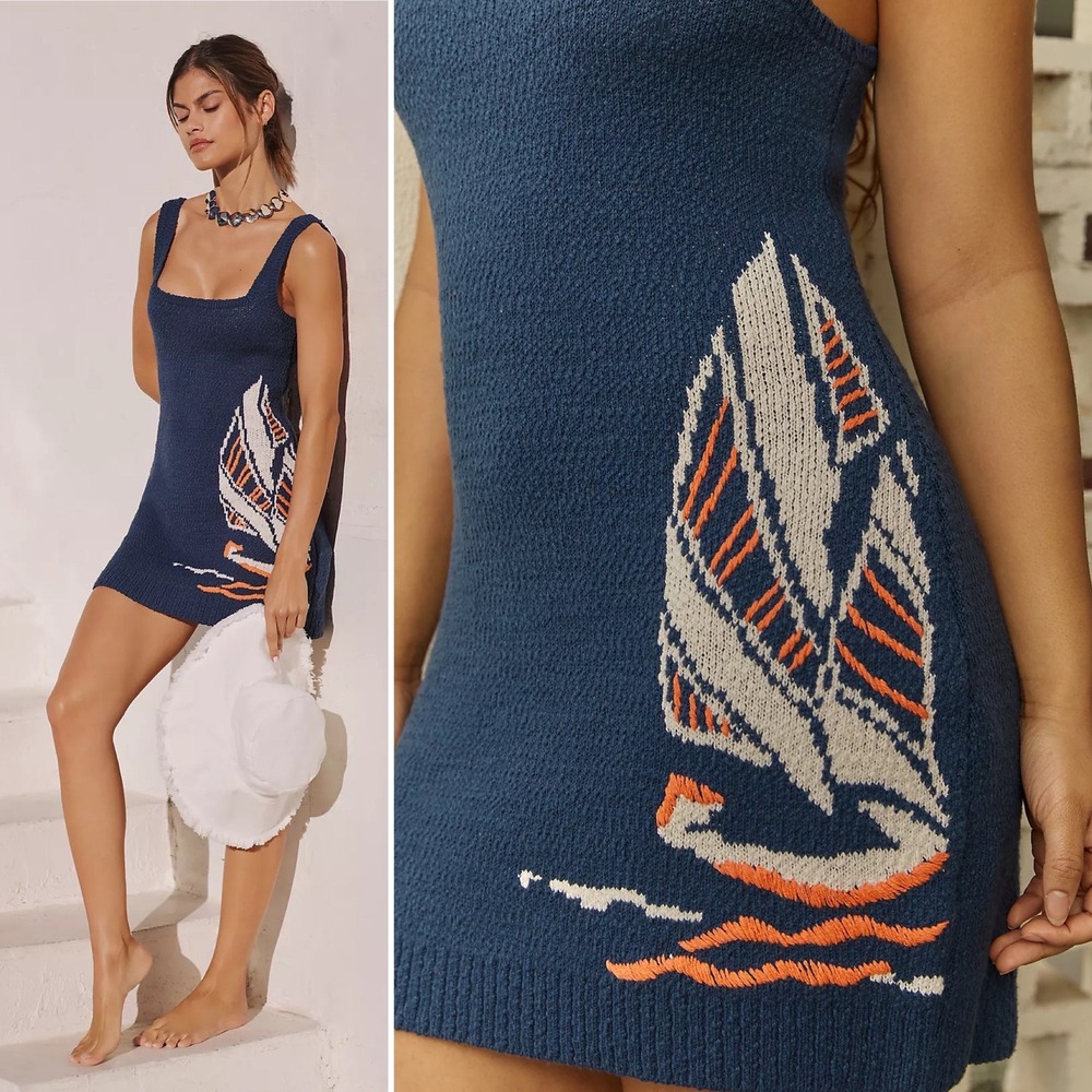 Anthropologie Sleeveless Scoop Neck Icon Mini Sweater Dress XL Knit Sailboat - Picture 13 of 13